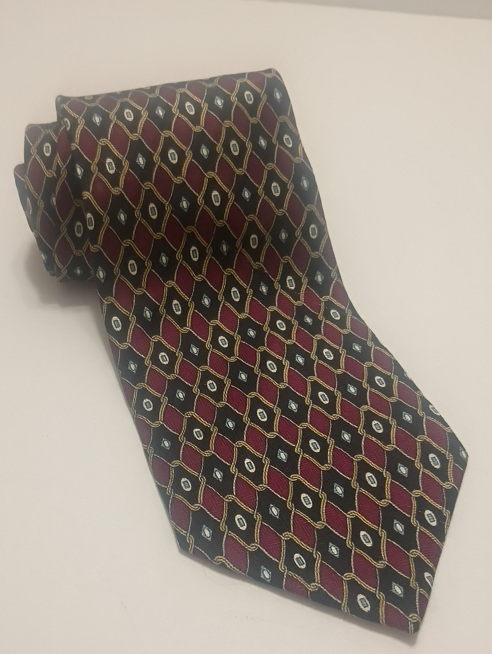 Geoffrey Beene Burgundy, Black and Gold Geometric Silk Tie